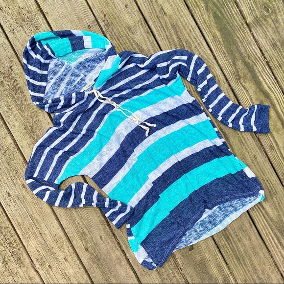 12 Pm By Mon Ami Tops - Beachy Lightweight Turquoise Navy White Striped Pullover Hoodie | Size M